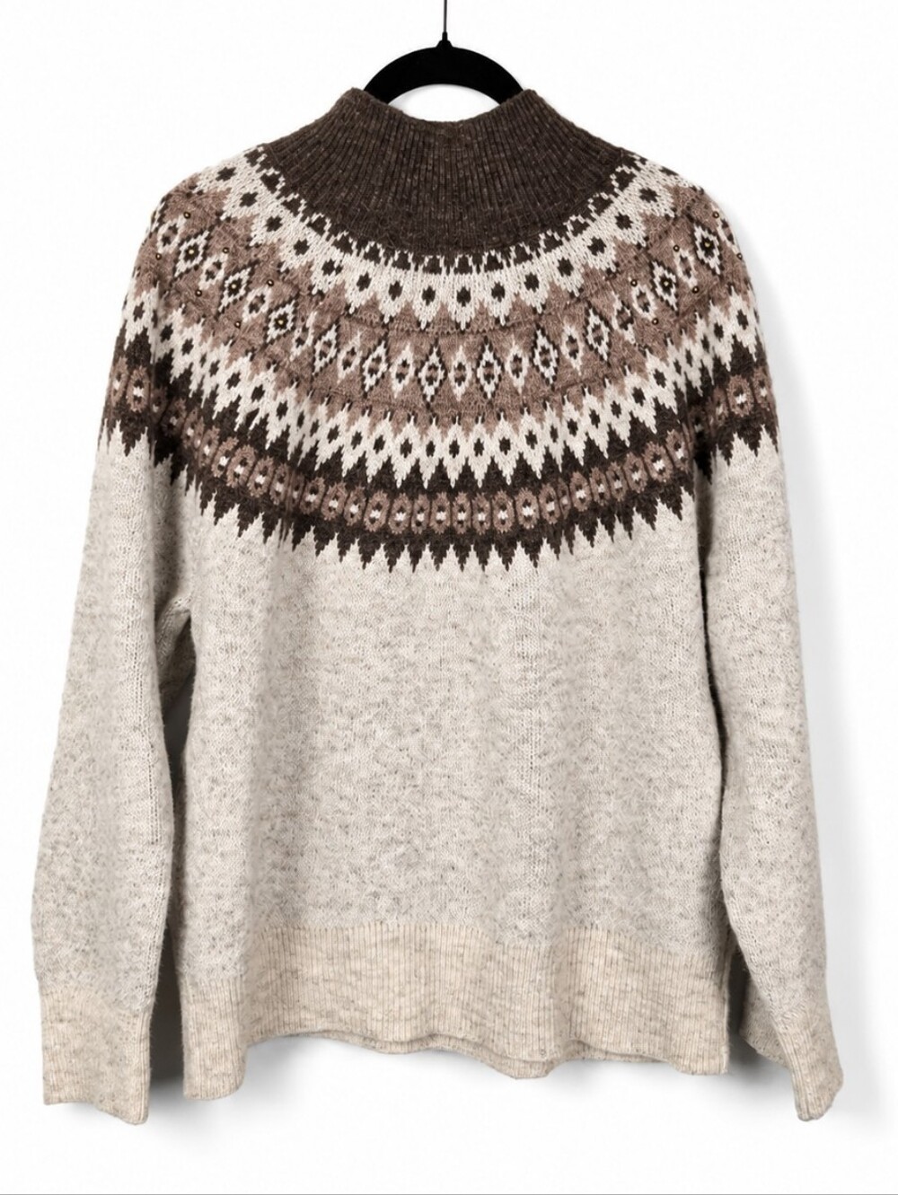 Joie Fair Isle Wool Blend Mock Neck Sweater XL Studded Nordic Cozy Boho